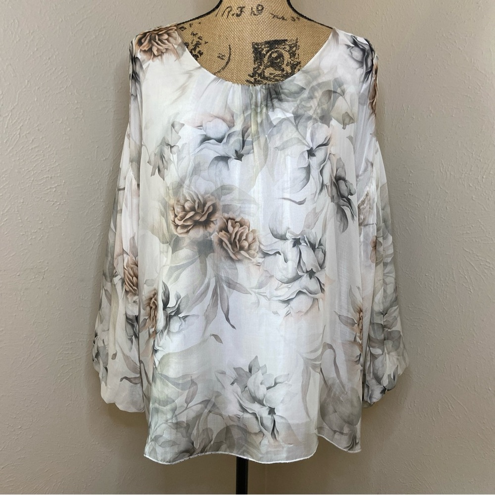 Tempo Paris Floral Silk Blouse Boho Lined Cottage Core Peasant Made In Italy